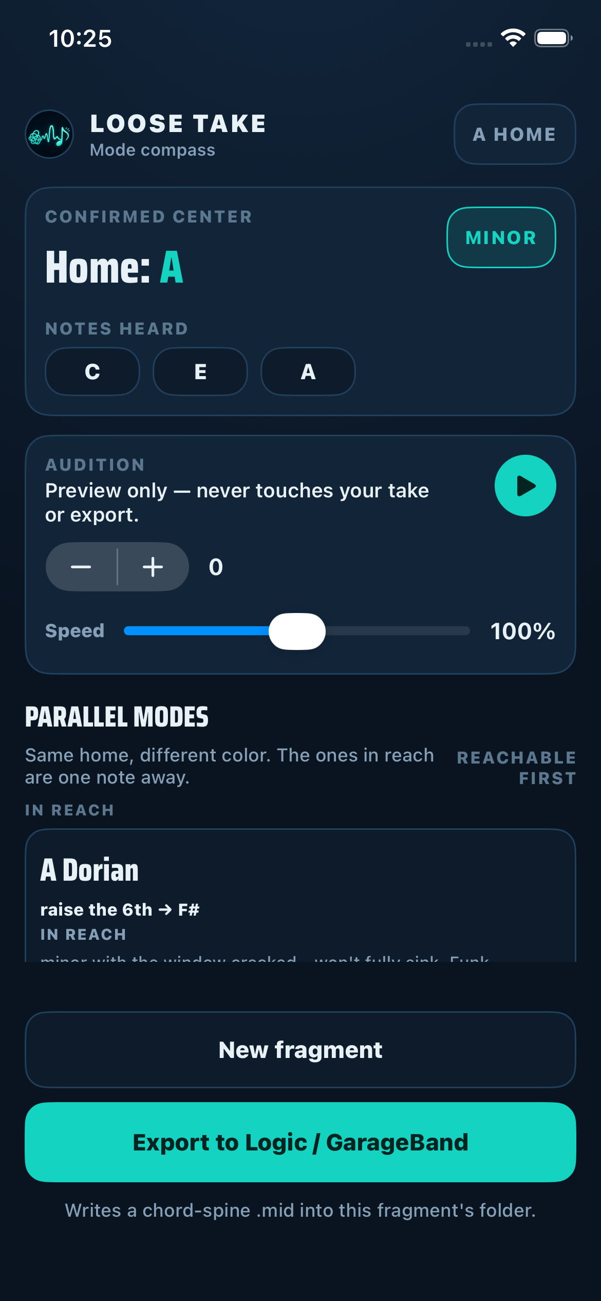 Loose Take mode compass — parallel modes to A minor ranked by closeness, with the exact change named and an audition preview