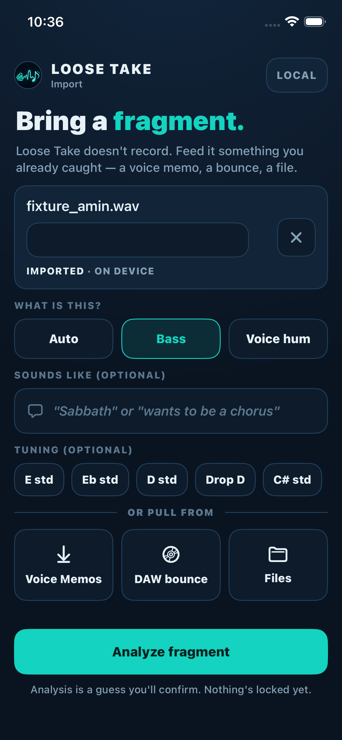 Loose Take import screen — a fixture.wav fragment loaded on device, with what-is-this, tuning, and source options below