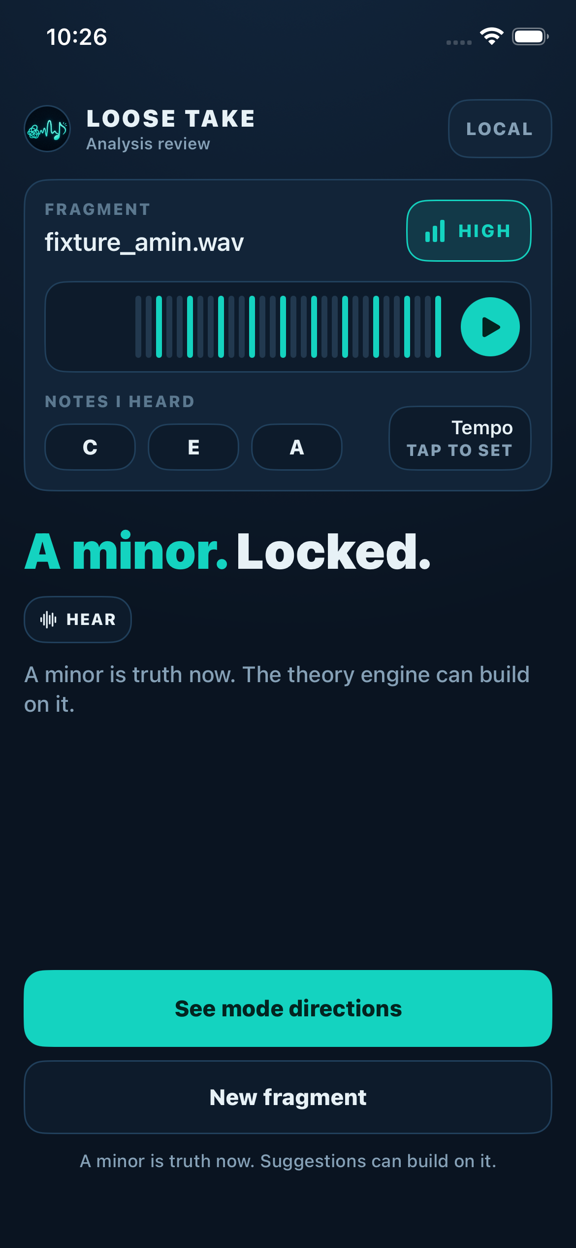 Loose Take confirmed screen — the key is locked to A minor and downstream suggestions now build on the confirmed answer