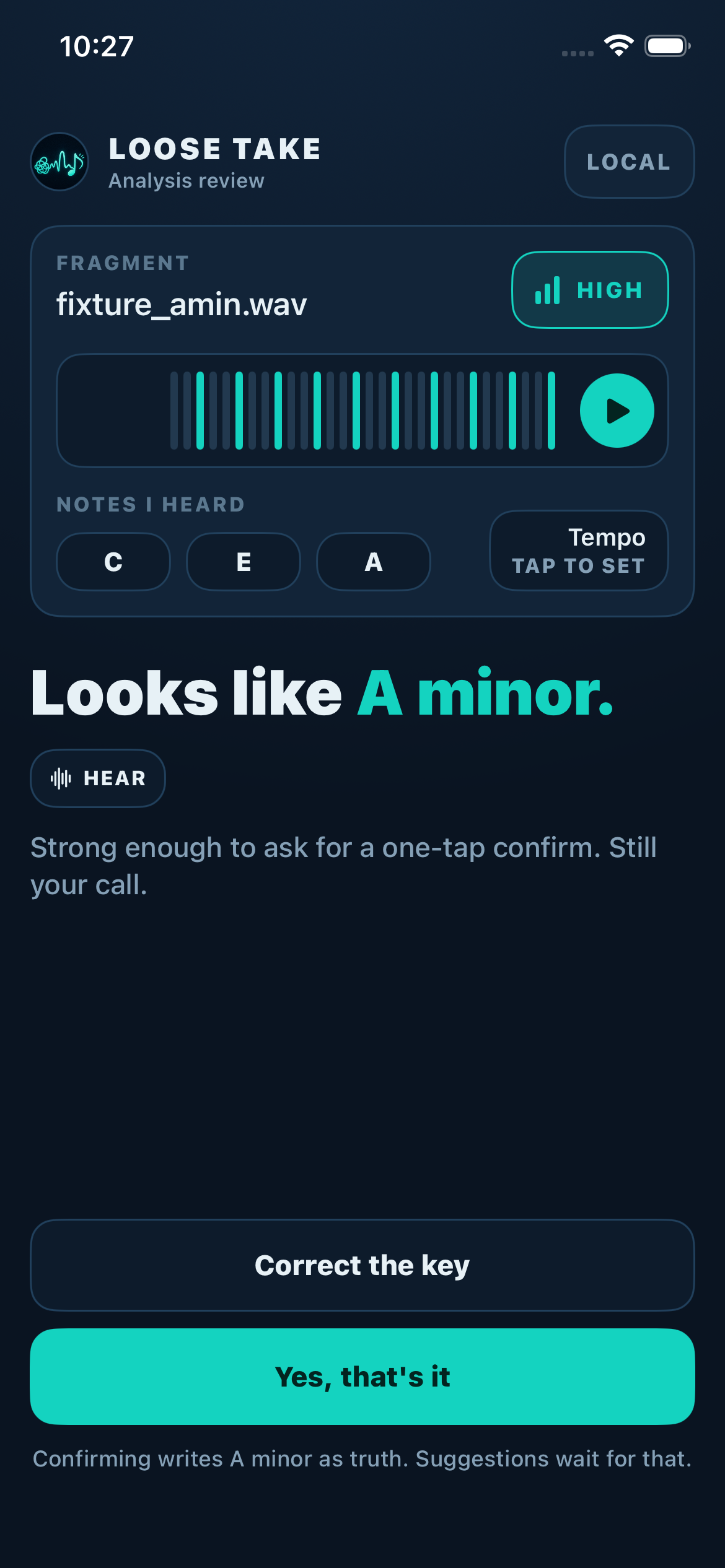 Loose Take review screen — notes heard C, E, A, a playable envelope, a HIGH confidence badge, and a one-tap confirm